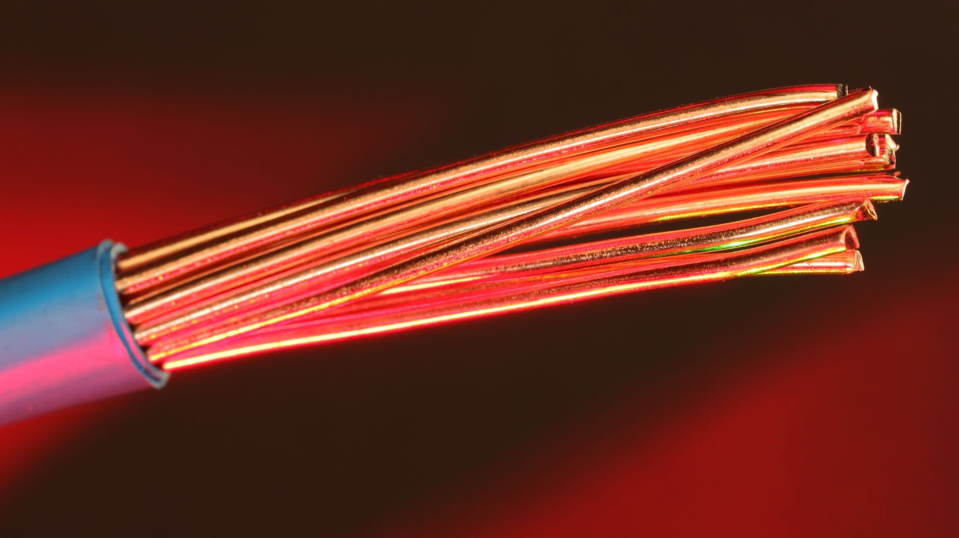The stranded copper core of an electrical conductor, fanned out at a cut end and lit in red.